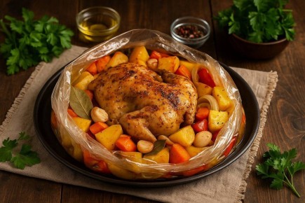 Простой ужин в рукаве: ароматная курица с овощами