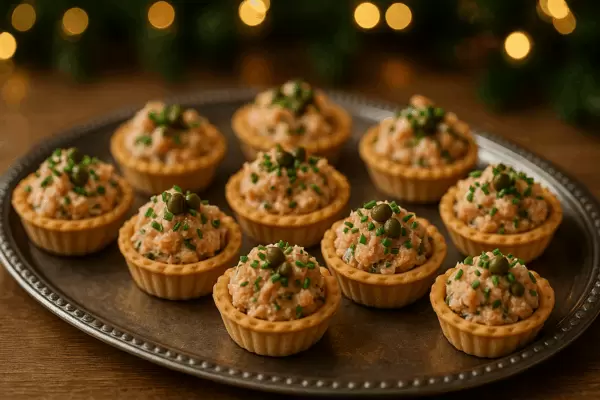 Нежный рийет из форели с копченой горбушей в хрустящих тарталетках